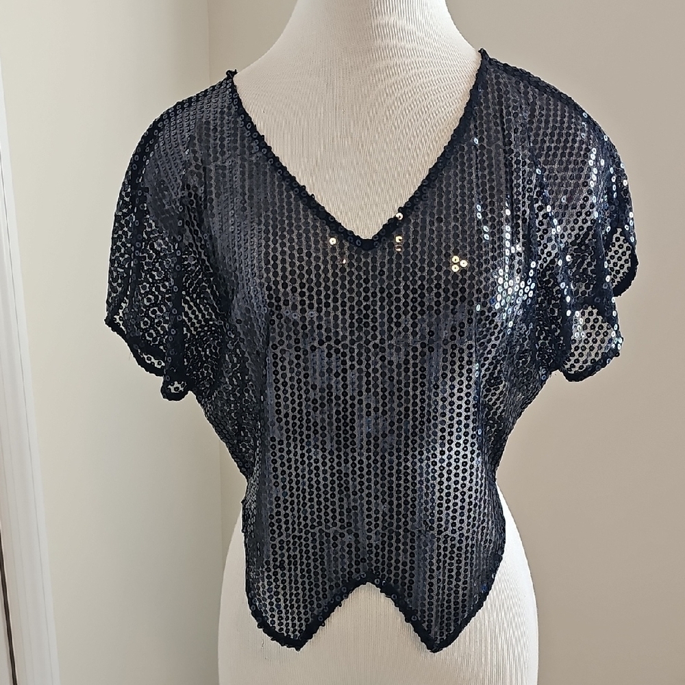Free People Black Sequin‎ Top. Semi Shear. Size XS